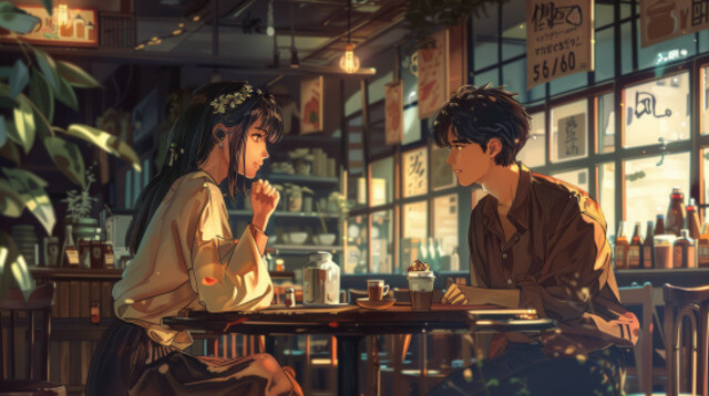 カフェで会話する男女